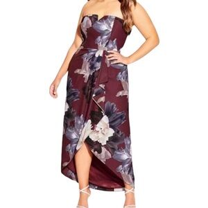 City Chic Miss Bordeaux Dress Burgundy Floral Strapless 18 NWT